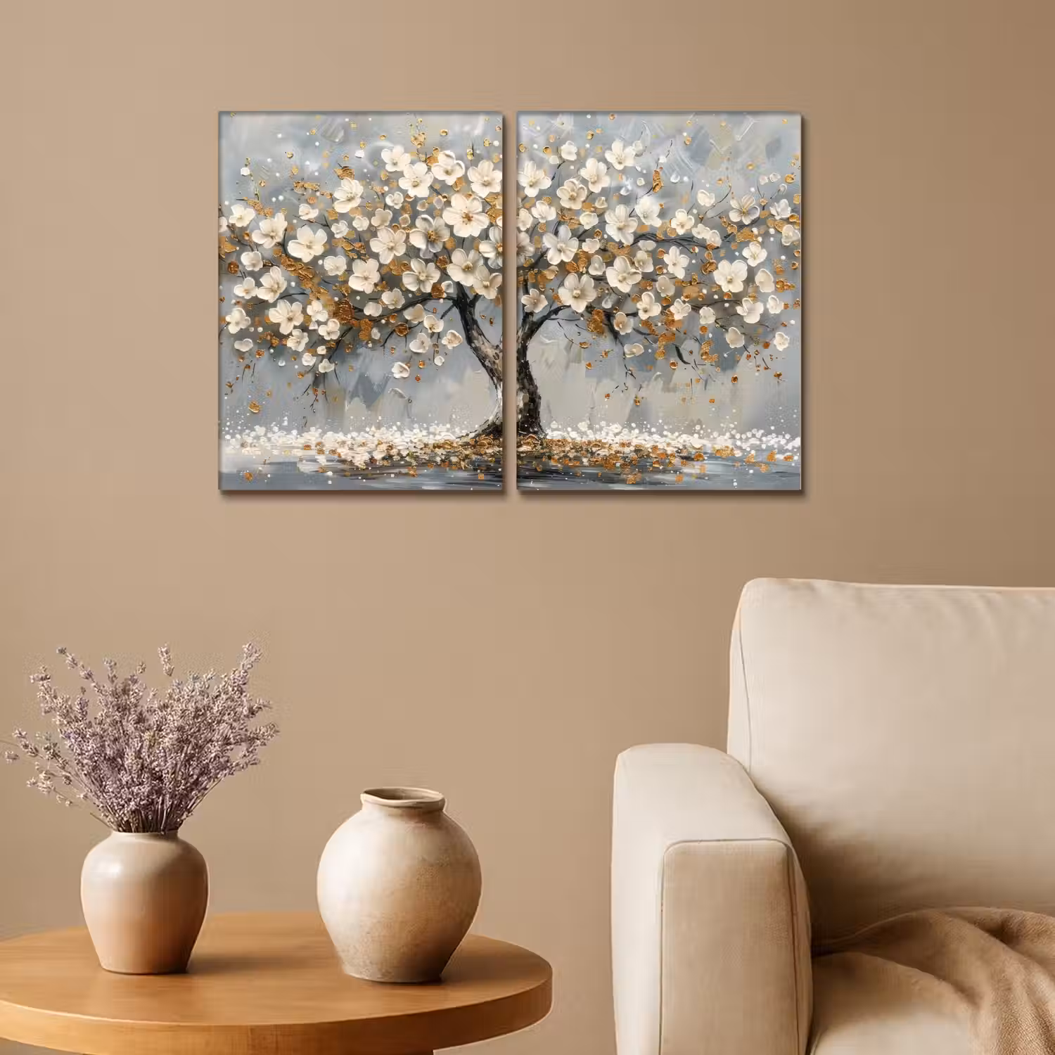 Boom - Abstract - Wit - Bloesem Canvas - Meerluiken 2 luik klein -sfeer1