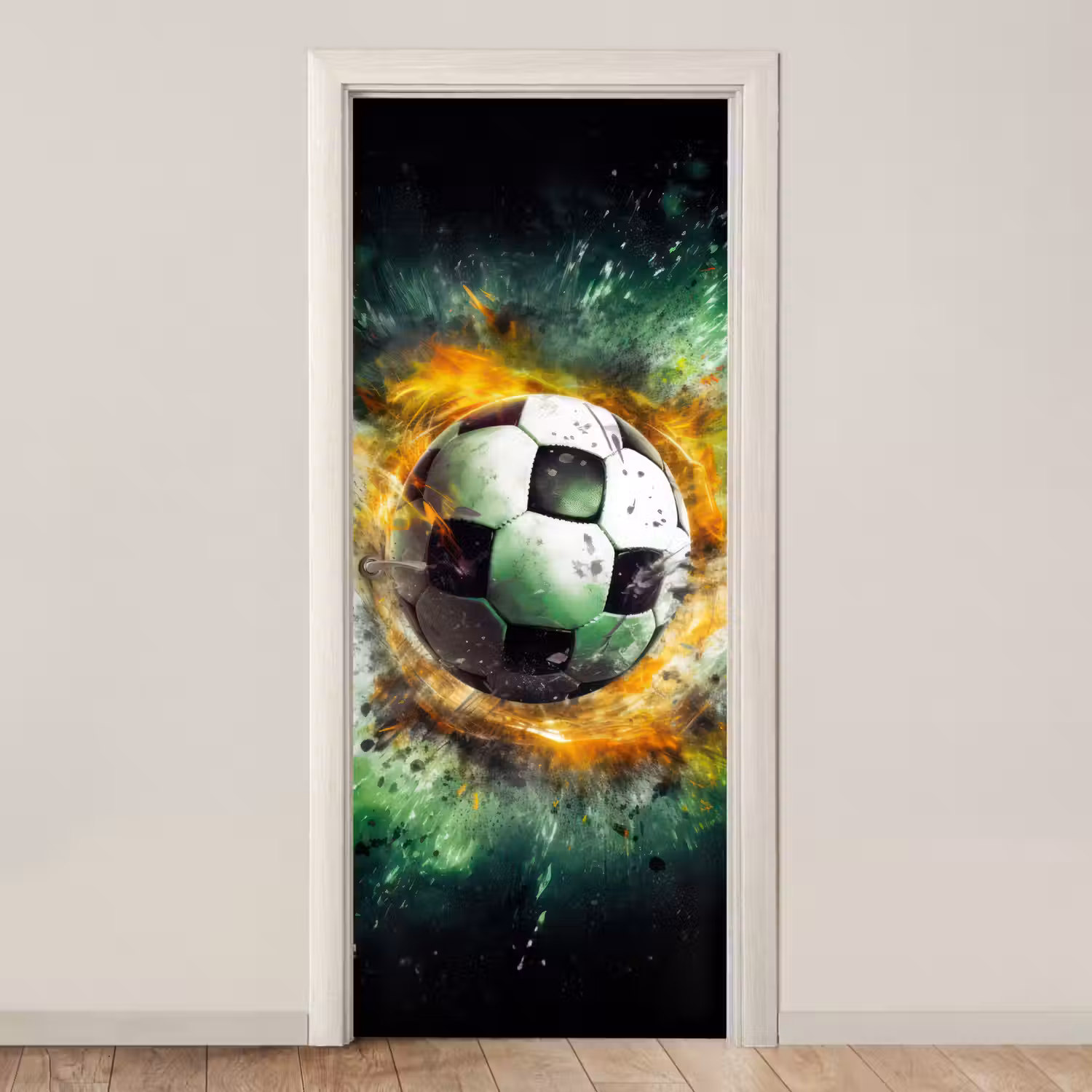 Bal - Voetbal - Groen - Oranje - Rook deurposter klein -3d_beige
