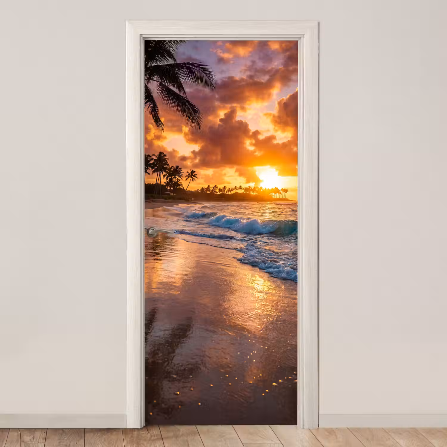 Strand - Zonsopgang - Tropisch - Natuur - Oranje deurposter klein -3d_beige