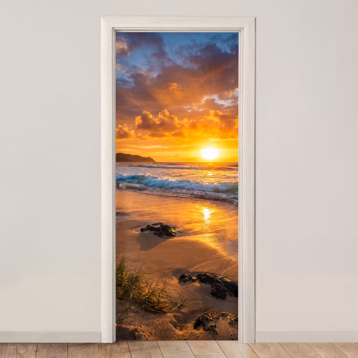 Strand - Zonsondergang - Golven - Natuur - Oranje deurposter klein -3d_beige