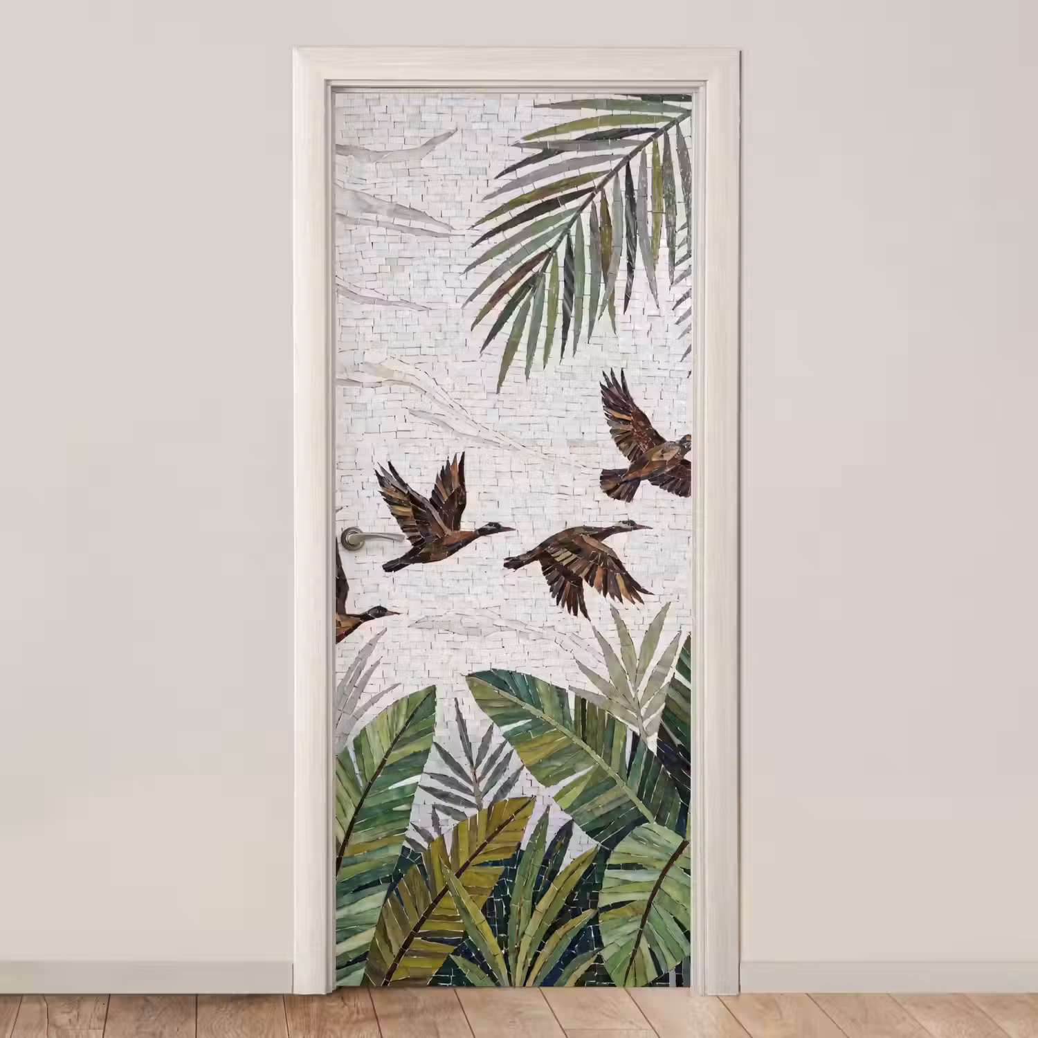 Vogel - Vliegend - Tropisch - Mozaïek - Groen deurposter klein -3d_beige