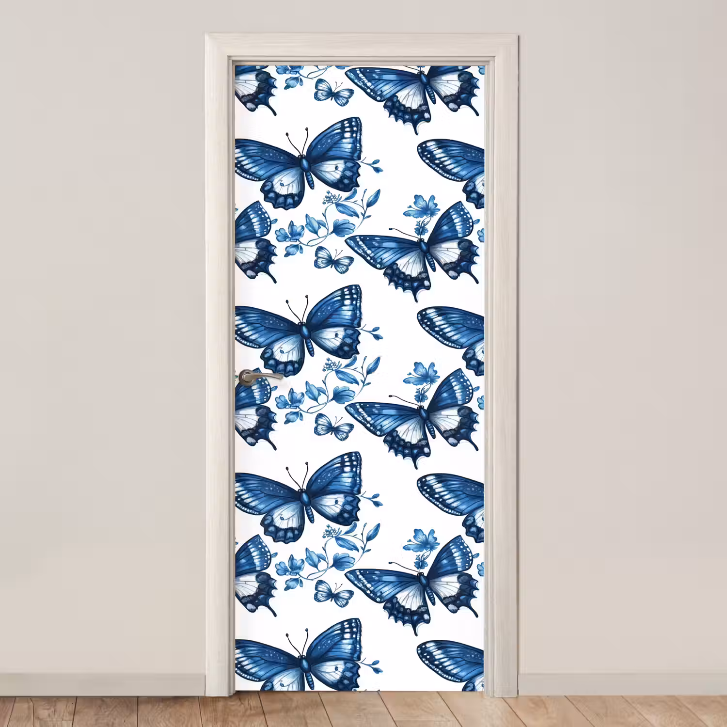 Blauw - Vlinders - Bloemen - Wit deurposter klein 289 -3d_beige