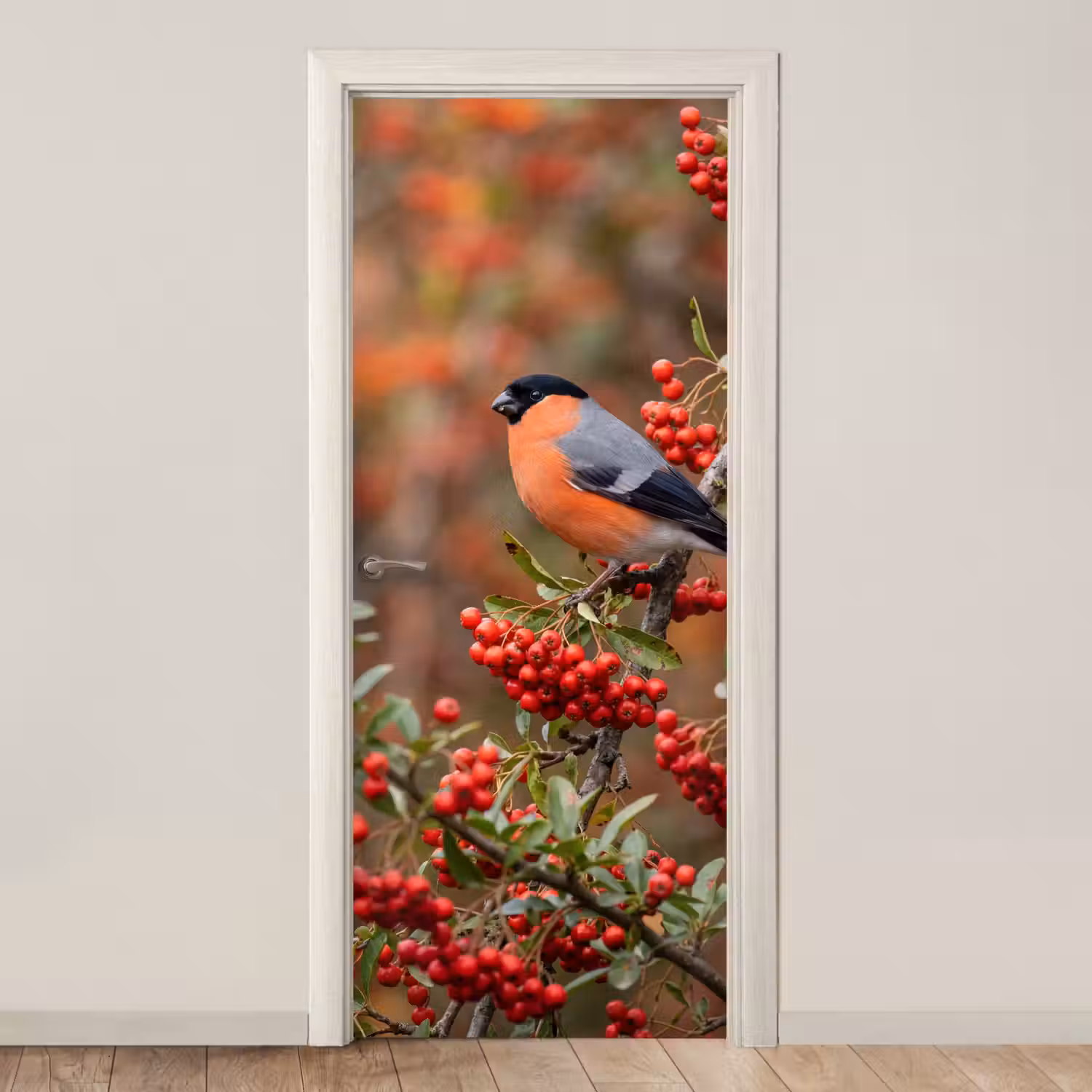 Goudvink - Bessen - Herfst - Natuur - Kleurrijk deurposter klein -3d_beige