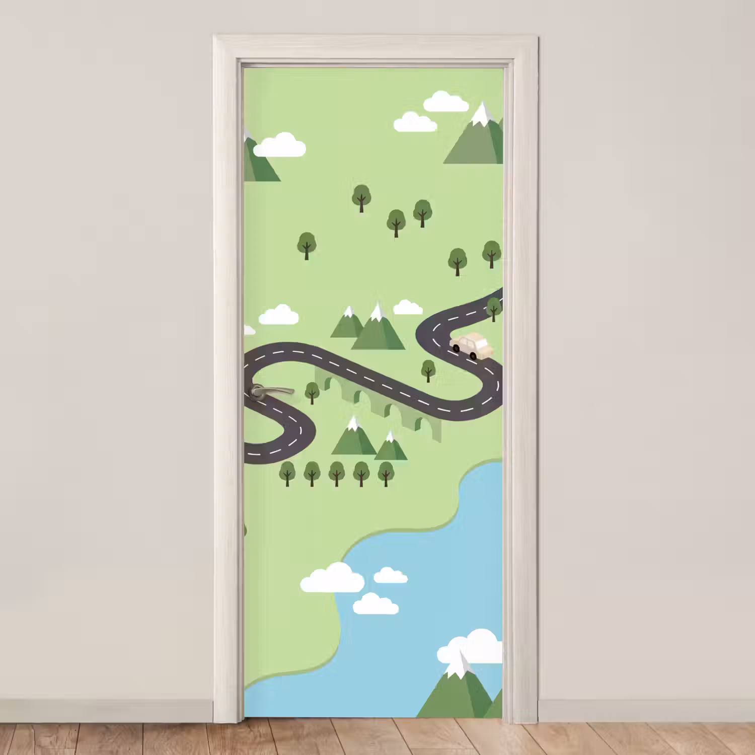 Auto - Bergweg - Natuur - Illustratie deurposter klein -3d_beige