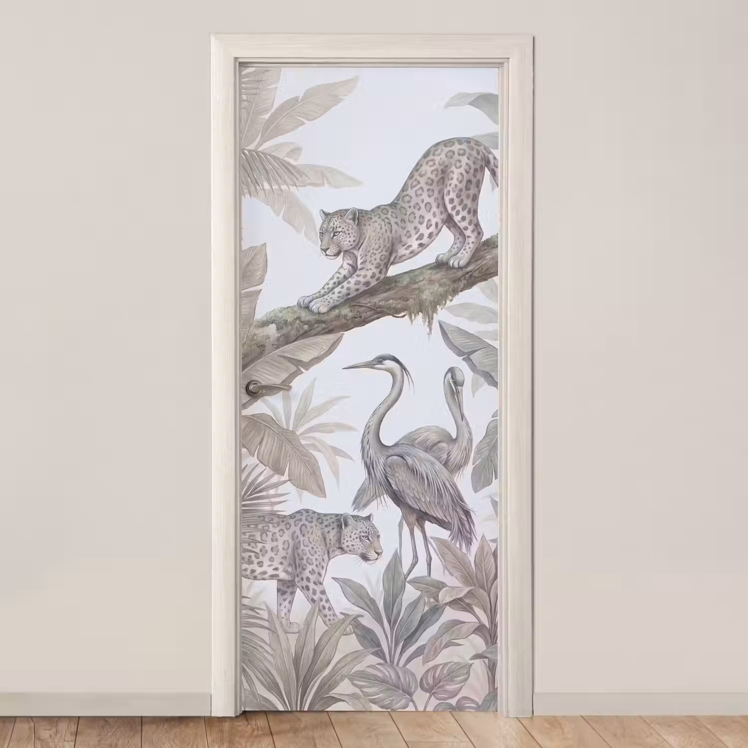 Kat - Vogel - Jungle - Illustratie - Dieren deurposter klein -3d_beige