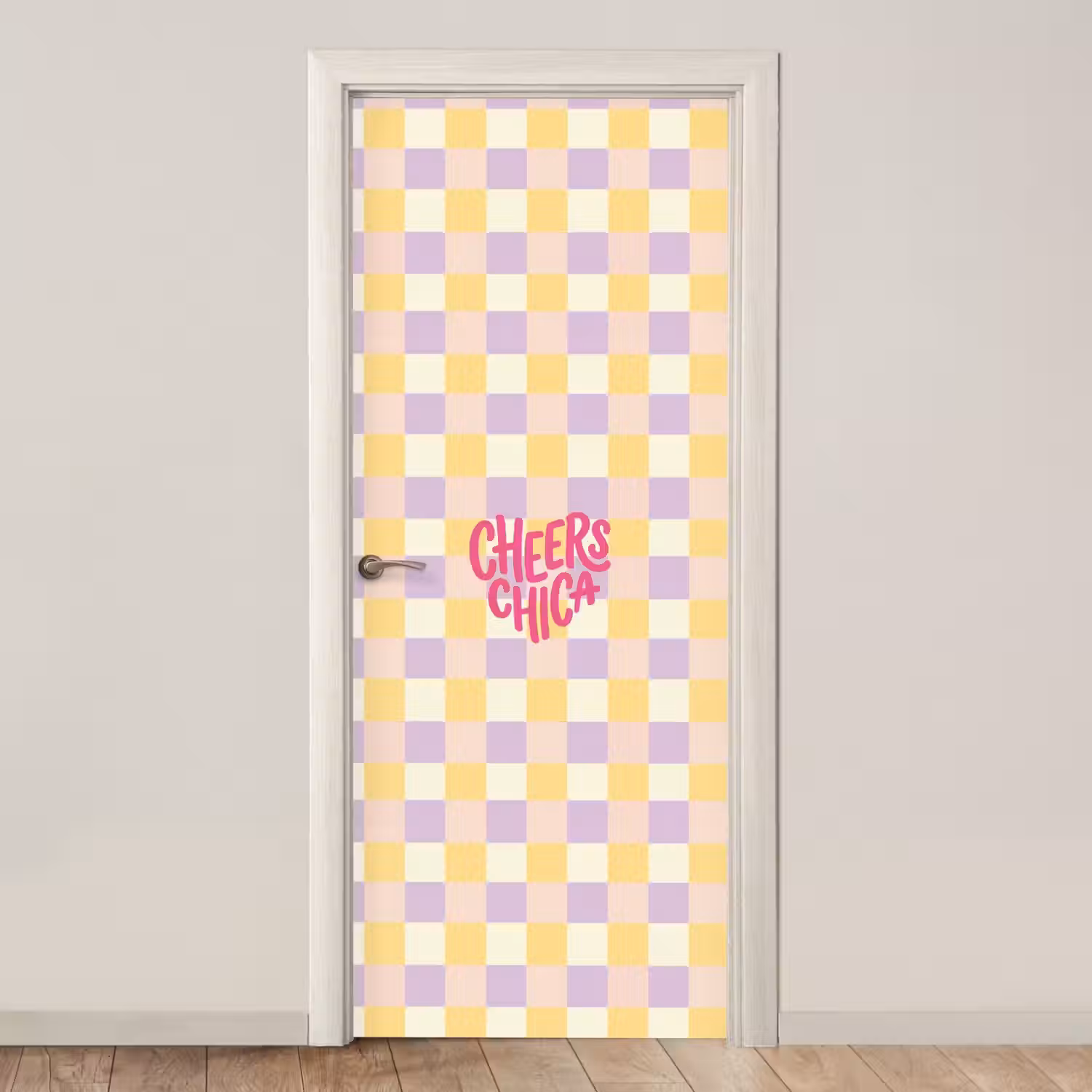 Cheers Chica - Ruitjes - Lila - Geel deurposter klein -3d_beige
