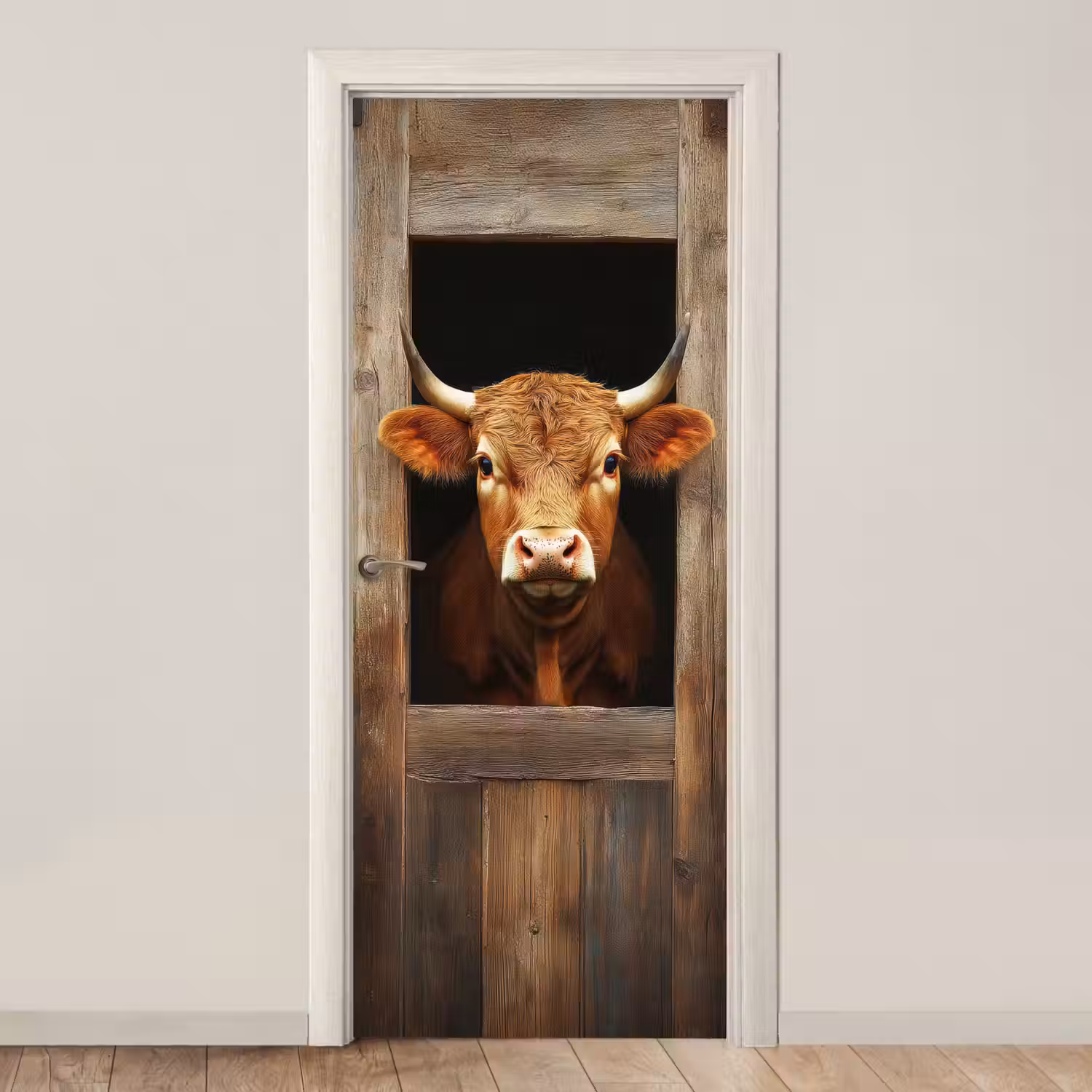 Koe - Doorkijk - Raam - Hout - Dieren deurposter klein -3d_beige