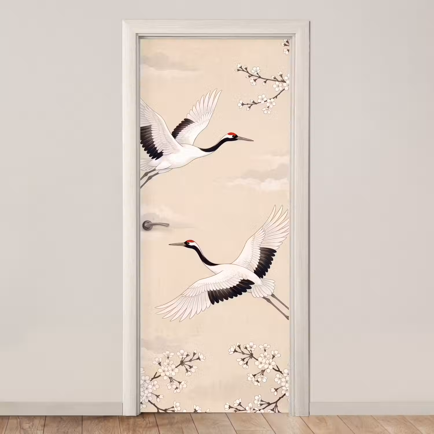 Kraanvogels - Bloesem - Beige deurposter klein -3d_beige