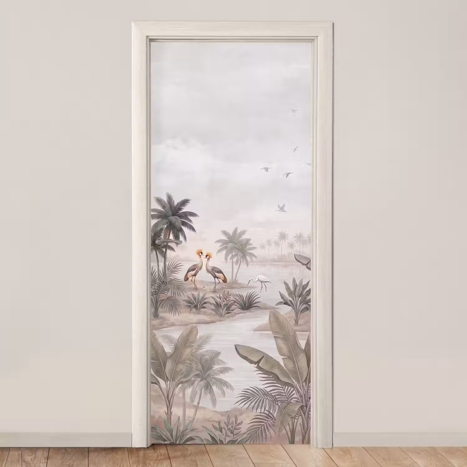 Kraanvogels - Palmbomen - Tropisch deurposter klein -3d_beige