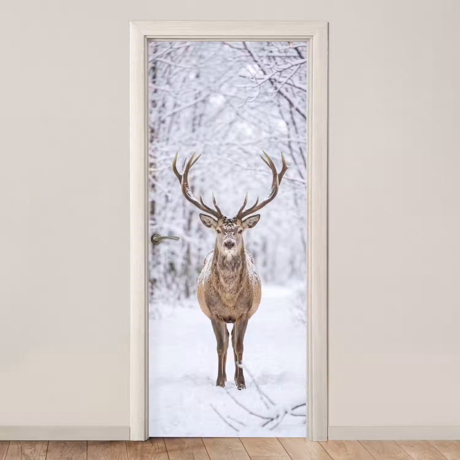 Hert - Winter - Bos - Natuur - Wit deurposter klein -3d_beige