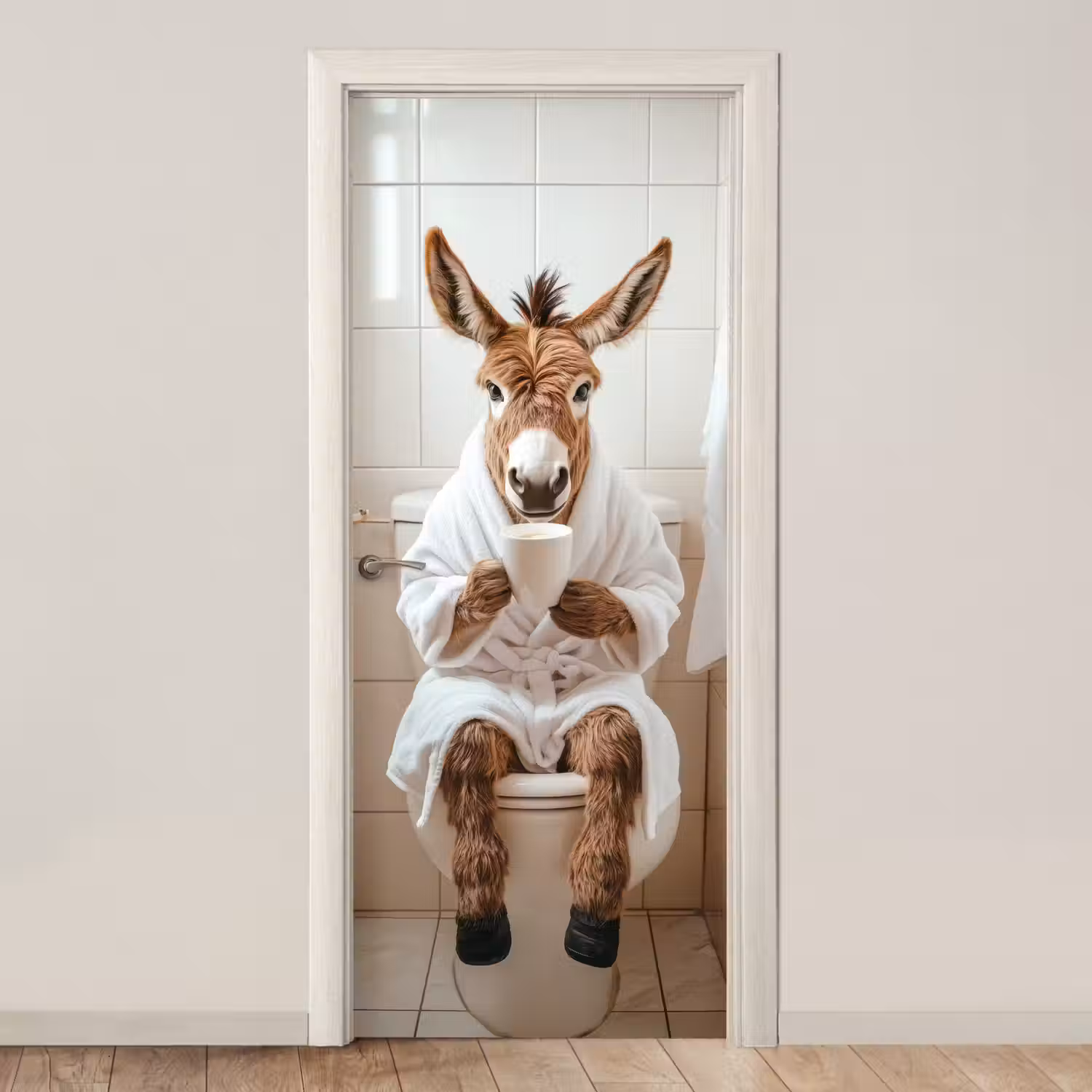 Ezel - WC - Grappig - Badjas - Dier deurposter klein -3d_beige