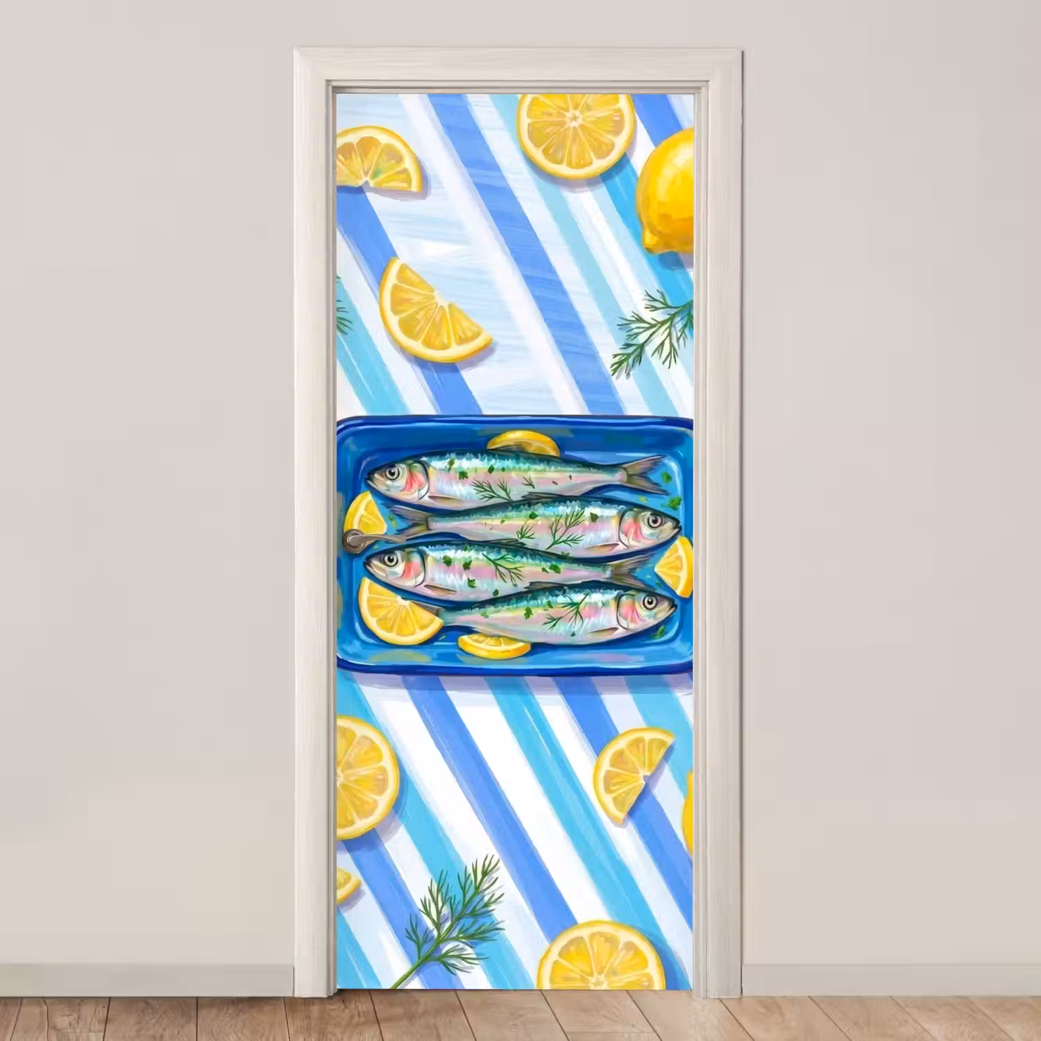 Vis - Citroen - Kruiden - Eten - Blauw deurposter klein -3d_beige