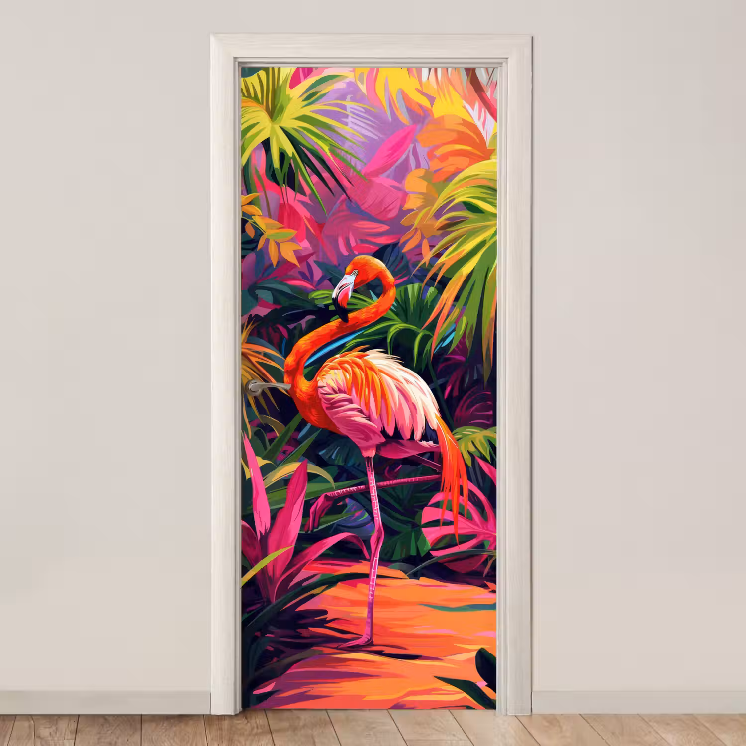 Flamingo - Tropisch - Dier - Bladeren deurposter klein -3d_beige