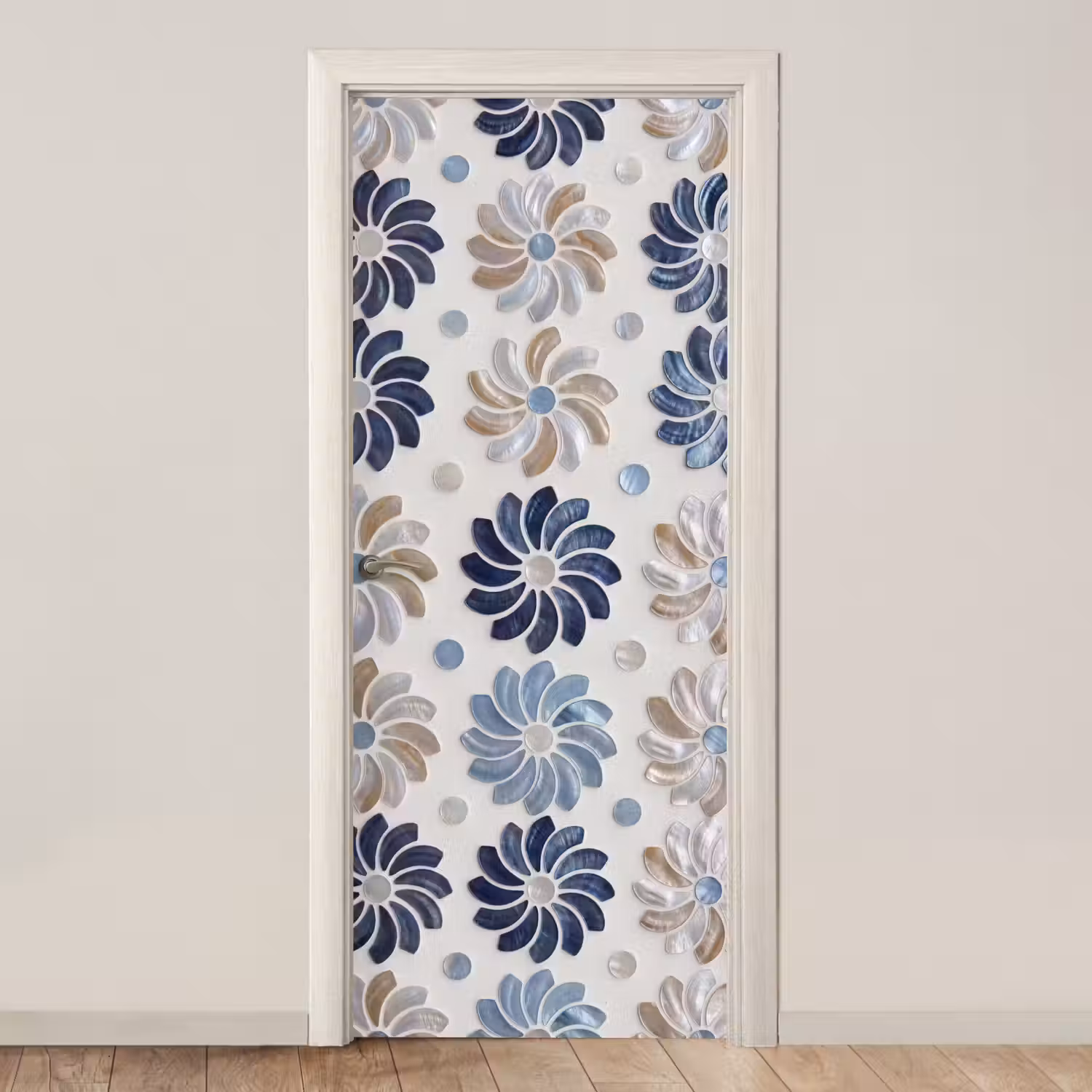 Bloemen - Parelmoer - Abstract - Patroon - Blauw deurposter klein -3d_beige