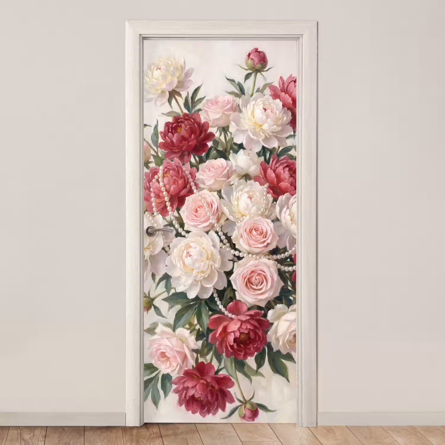 Bloemen - Parels - Romantiek - Klassiek - Roze deurposter klein -3d_beige