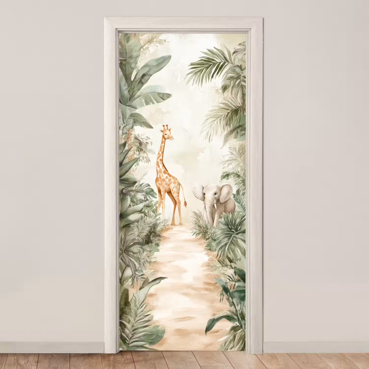 Jungle - Giraf - Olifant - Groen - Natuur deurposter klein -3d_beige