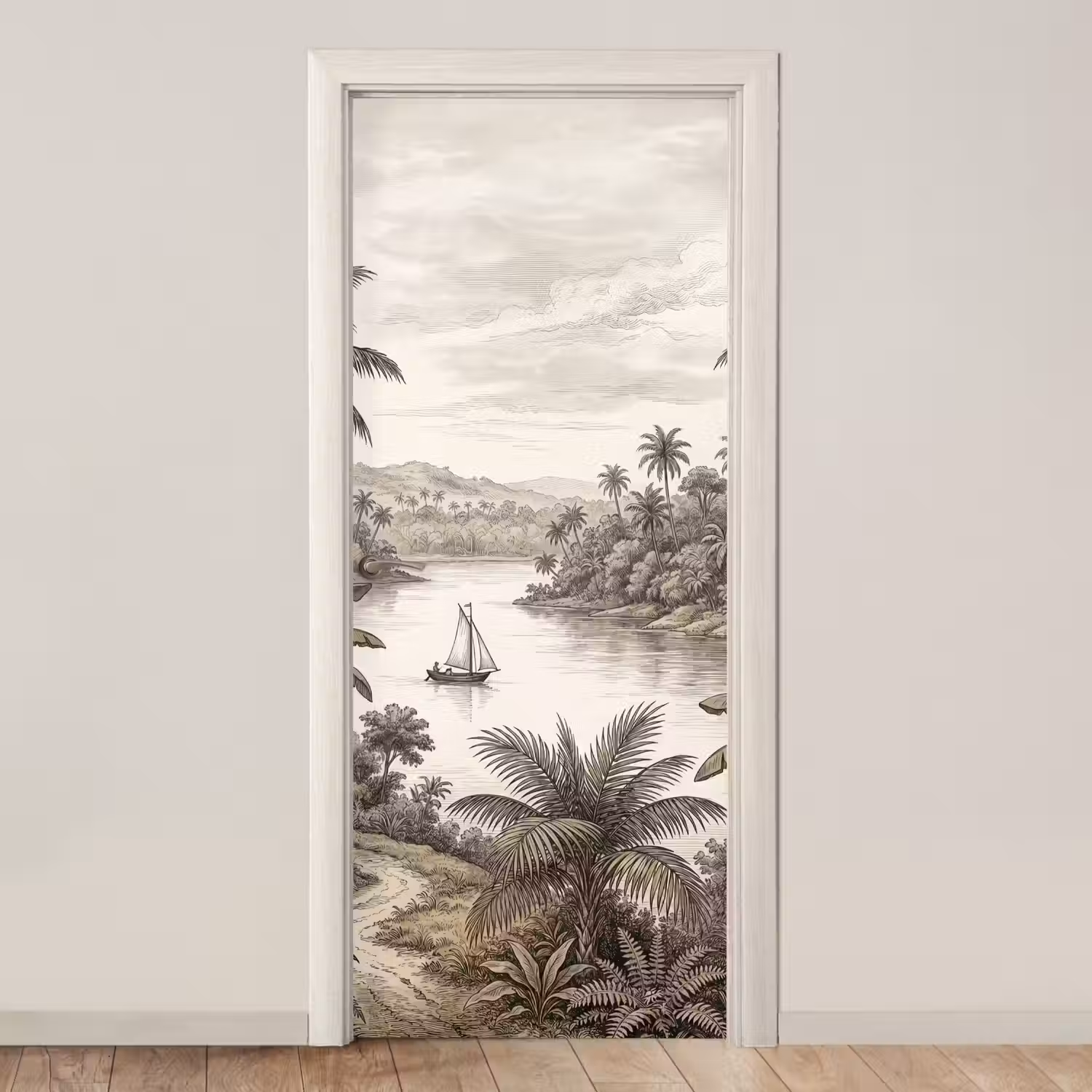 Landschap - Rivier - Boot - Tropisch - Vintage deurposter klein -3d_beige