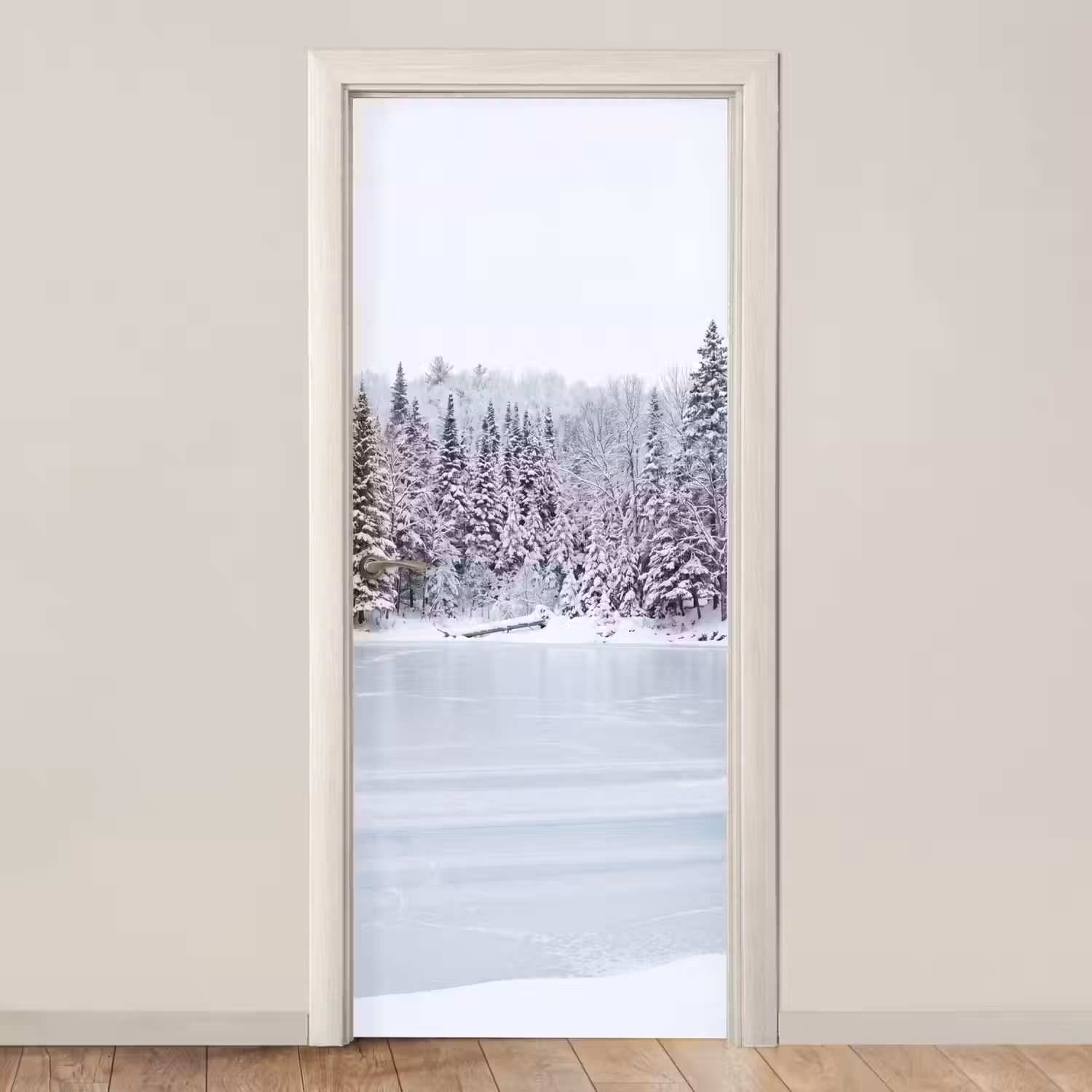 Meer - Dennen - IJs - Winter - Rustgevend deurposter klein -3d_beige