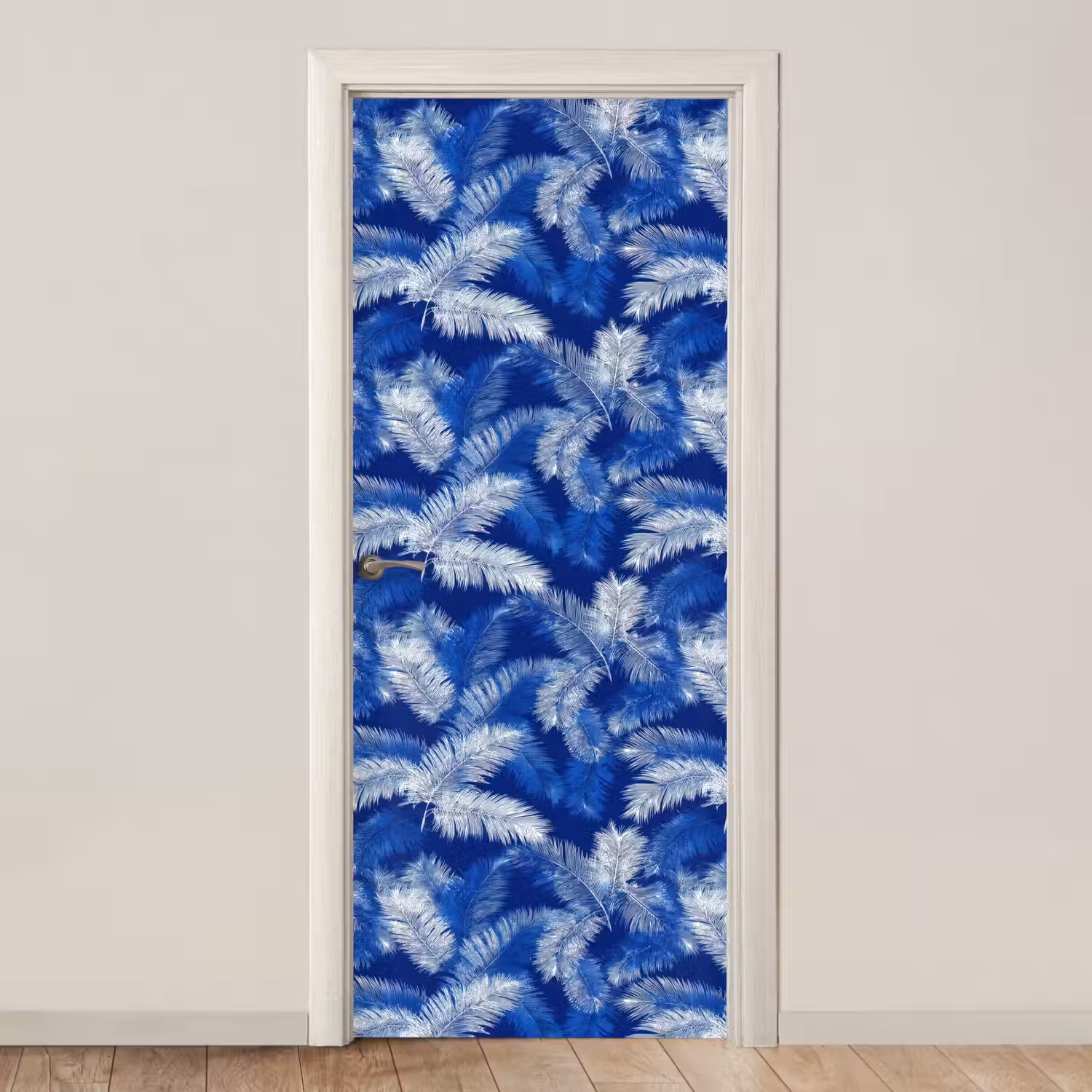Palmblad - Patroon - Blauw deurposter klein 289 -3d_beige