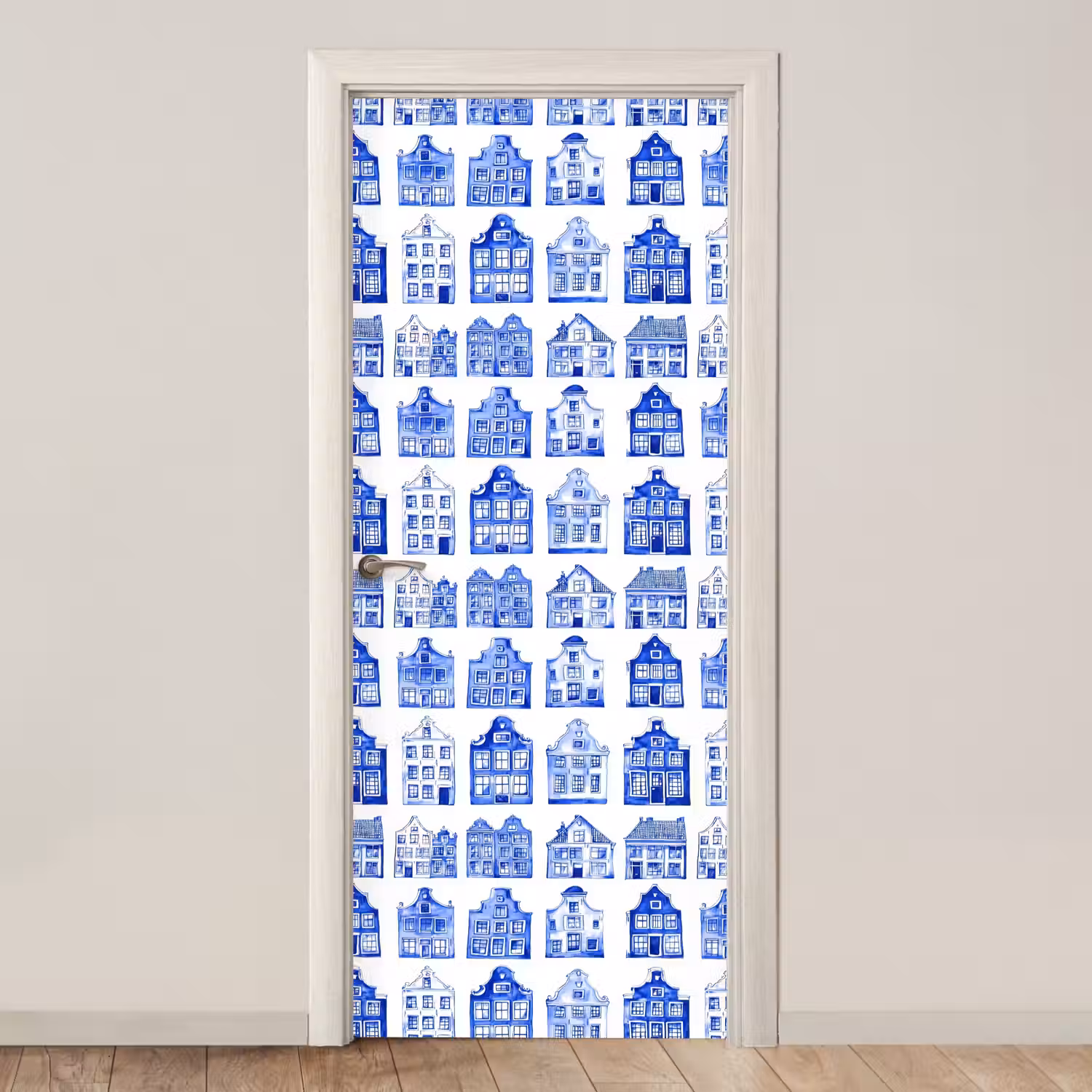 Patroon - Huizen - Blauw deurposter klein 289 -3d_beige