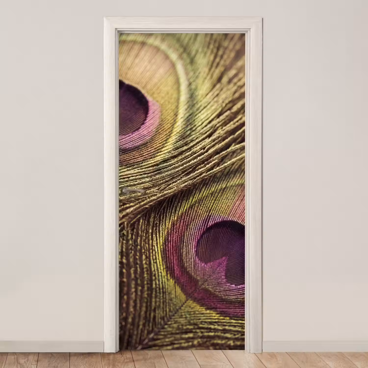 Pauw - Veren - Paars - Groen deurposter klein -3d_beige