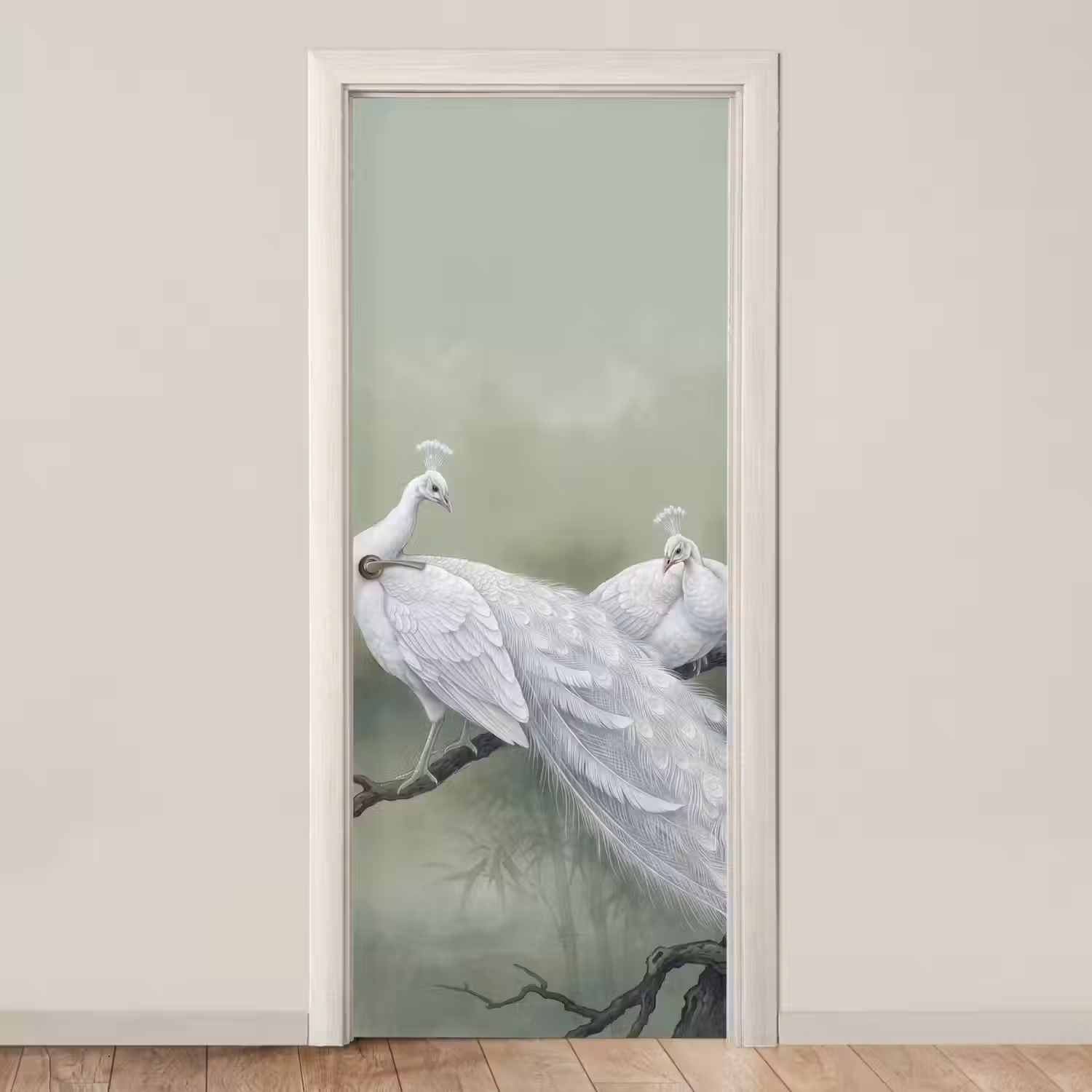 Pauwen - Wit - Natuur - Groen deurposter klein -3d_beige