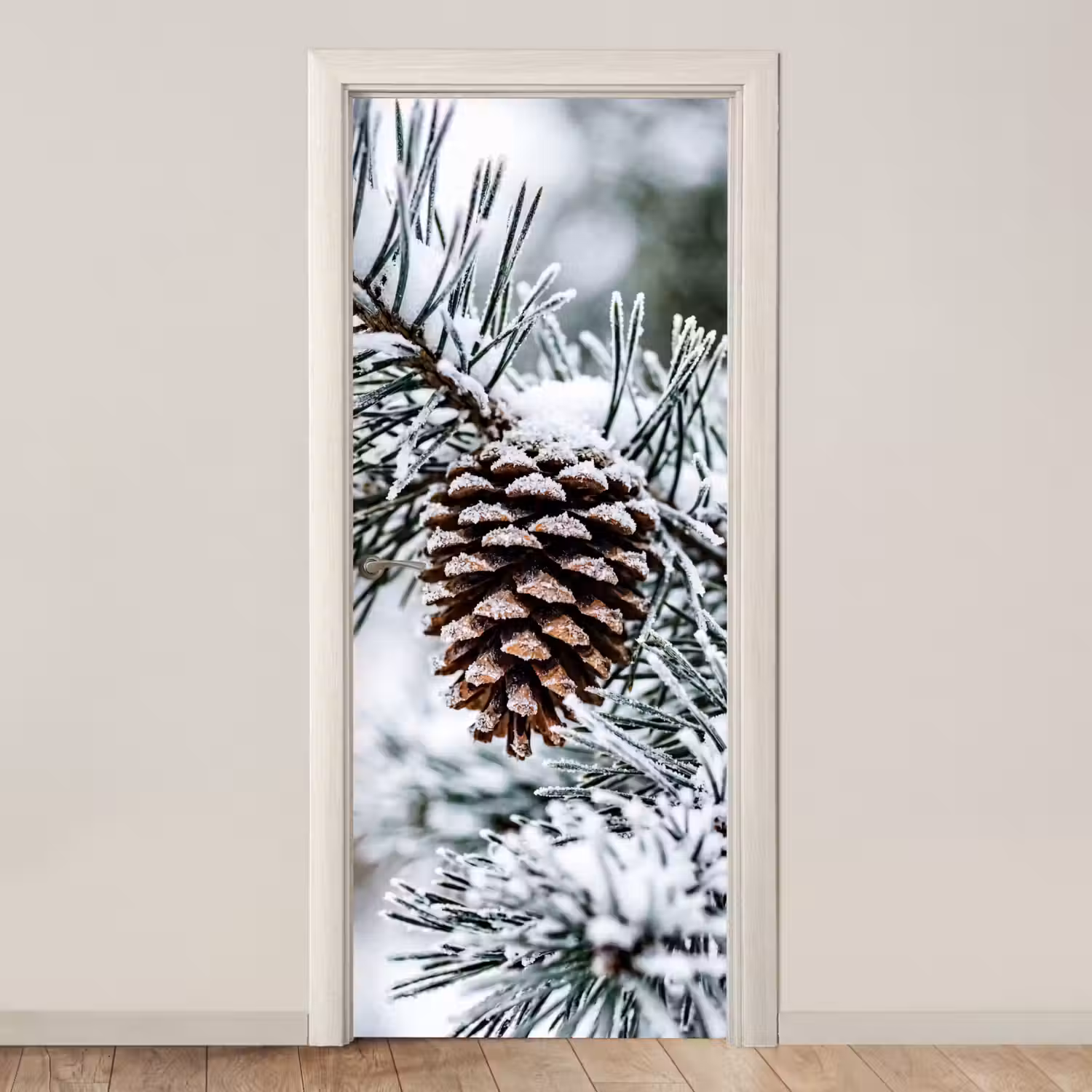 Dennenappel - Tak - Sneeuw - Winter - Sfeervol deurposter klein -3d_beige