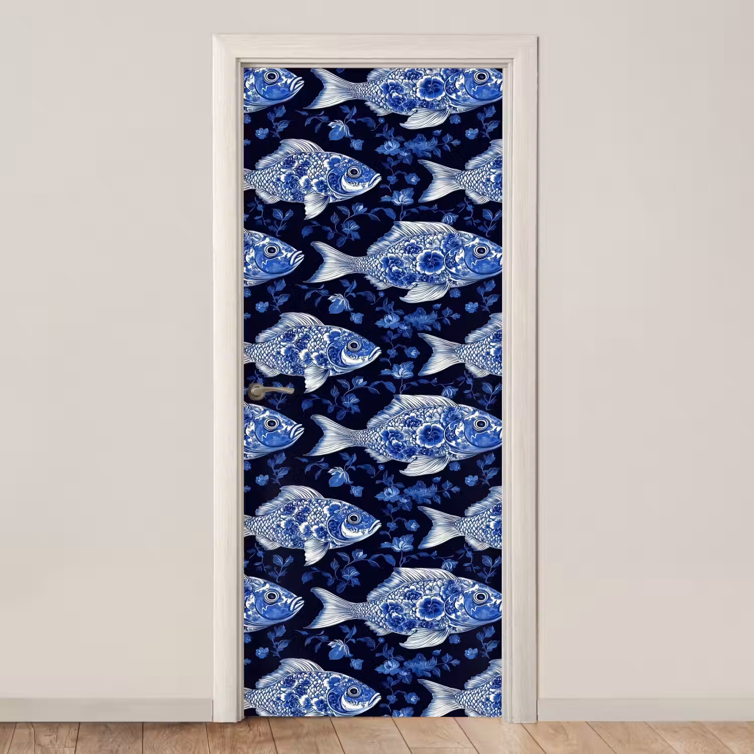 Vissen - Bloemen - Blauw deurposter klein 289 -3d_beige
