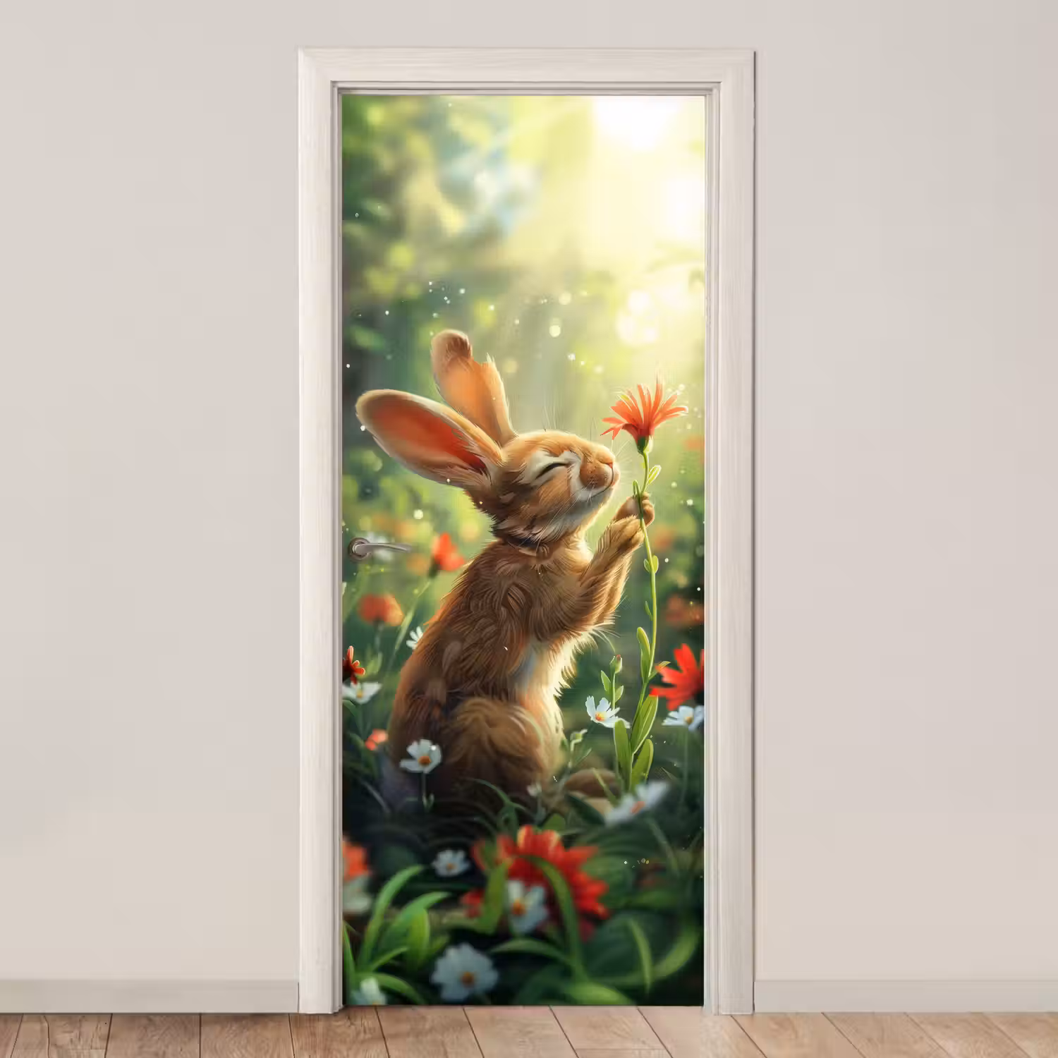 Konijn - Dieren - Bloemen - Natuur deurposter klein -3d_beige