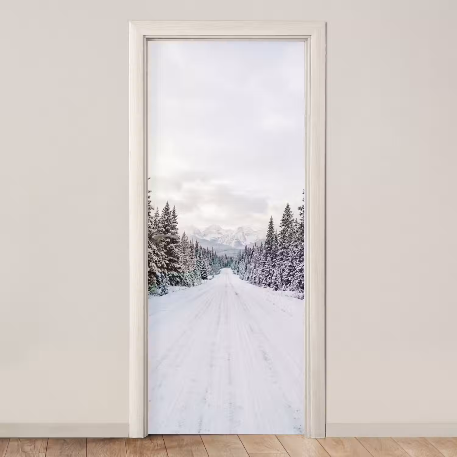 Weg - Sneeuw - Naaldbos - Winter - Avontuurlijk deurposter klein -3d_beige