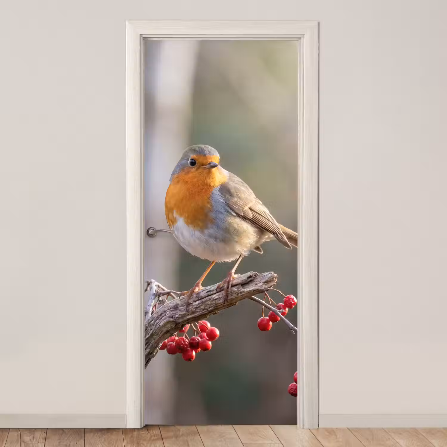 Roodborst - Tak - Bessen - Natuur deurposter klein -3d_beige