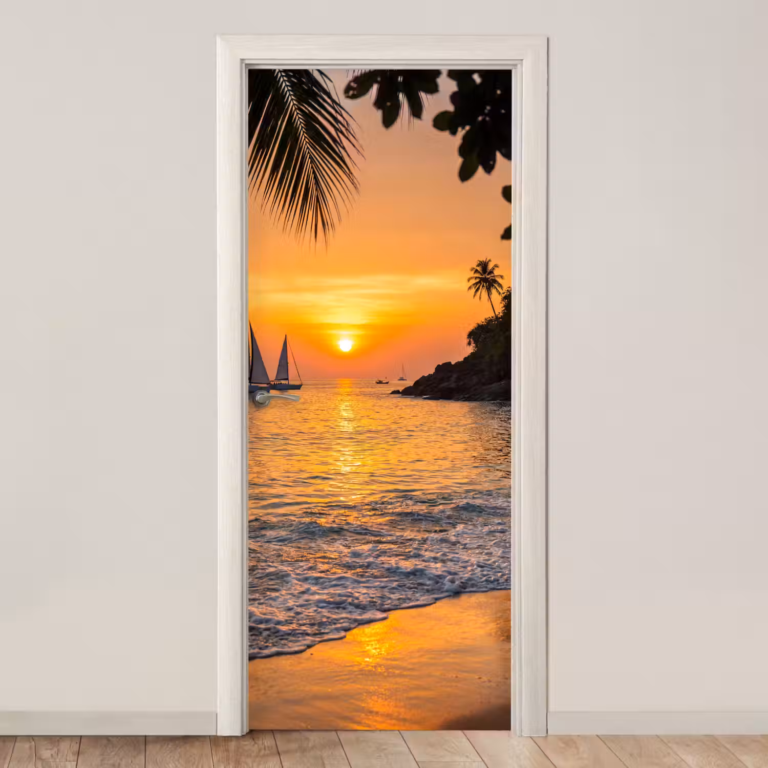 Zee - Zonsondergang - Boot - Natuur - Oranje deurposter klein -3d_beige