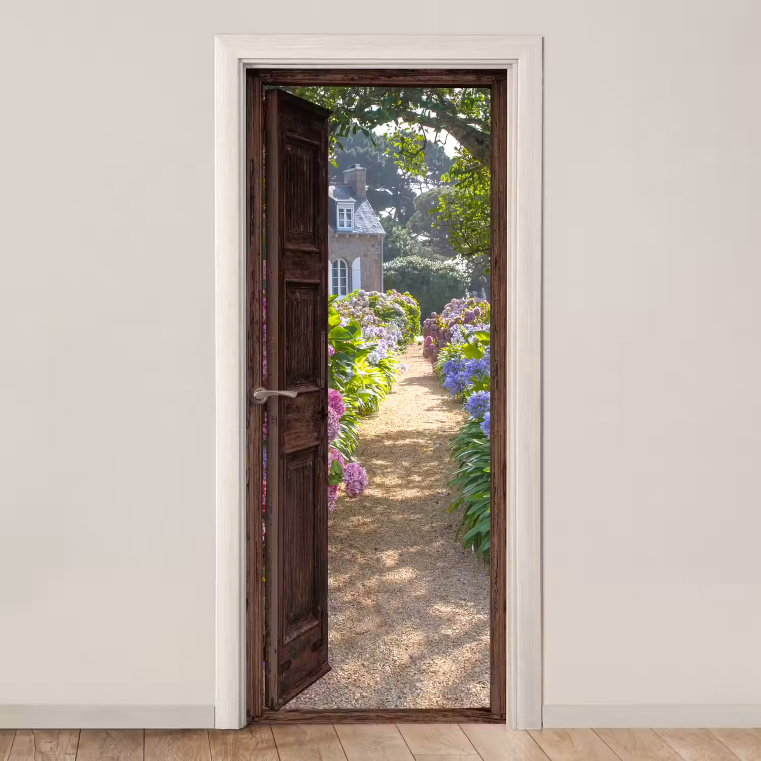 Doorkijk - Hortensia - Deur - Bloemen - Natuur deurposter klein -3d_beige