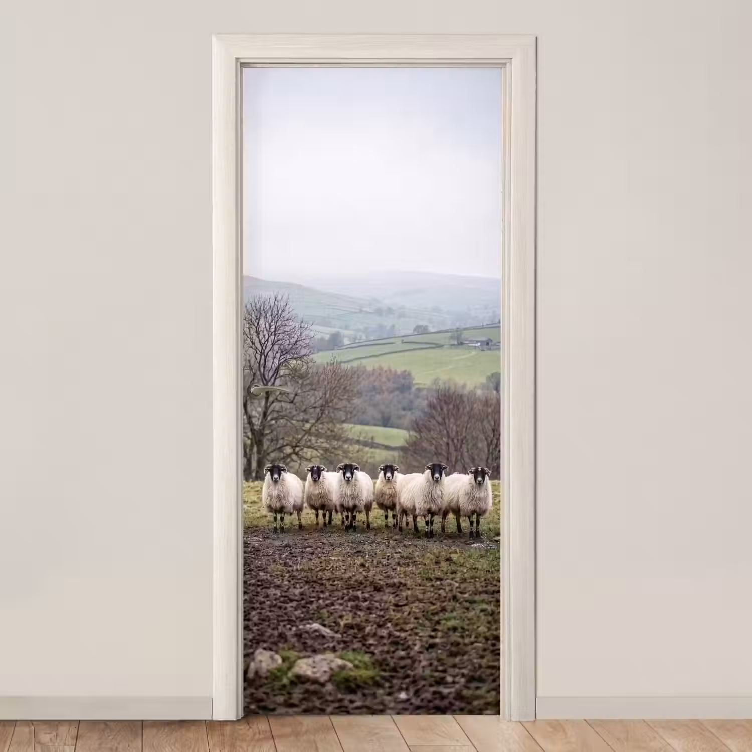 Schapen - Rij - Weide - Dieren - Platteland deurposter klein -3d_beige