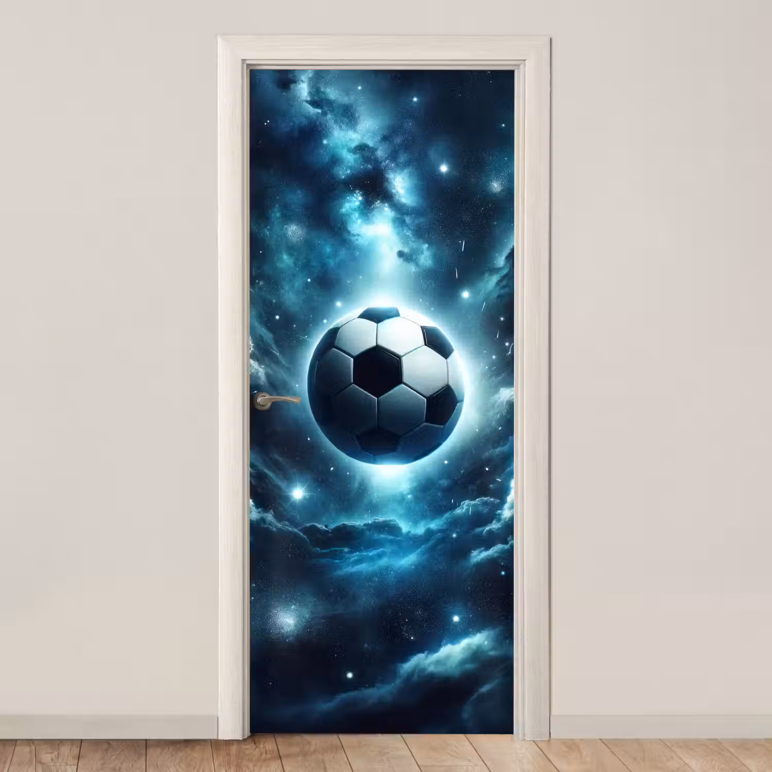 Voetbal - Galaxy - Ruimte - Sport - Blauw deurposter klein -3d_beige