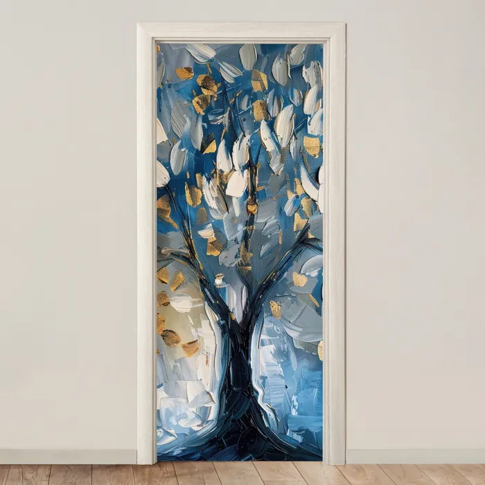 Boom - Blauw - Goud - Abstract deurposter klein -3d_beige