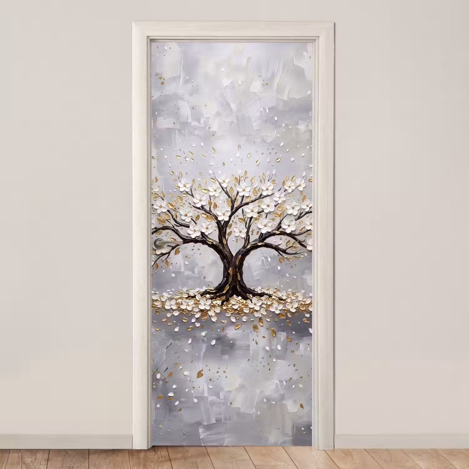 Boom - Bloemen - Natuur - Abstract - Wit deurposter klein -3d_beige
