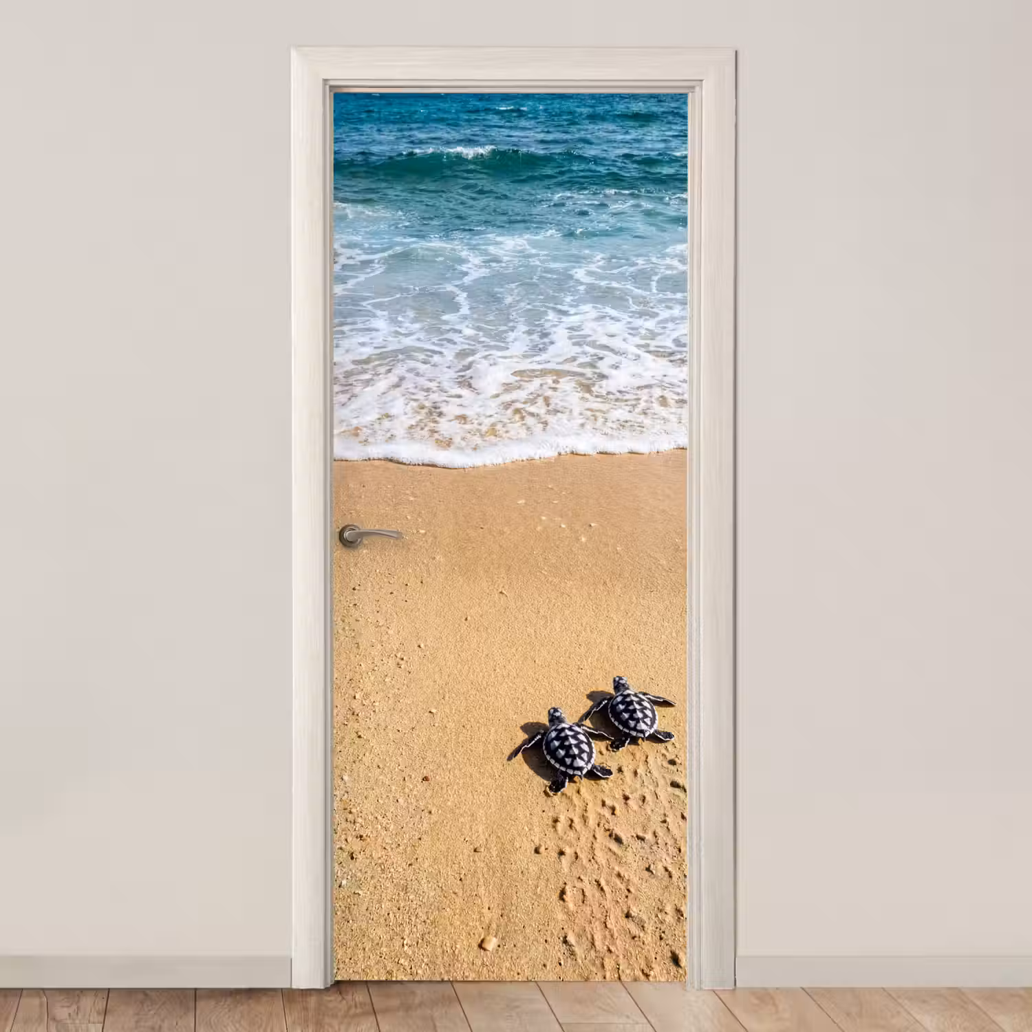 Schildpad - Jong - Strand - Oceaan - Blauw deurposter klein -3d_beige