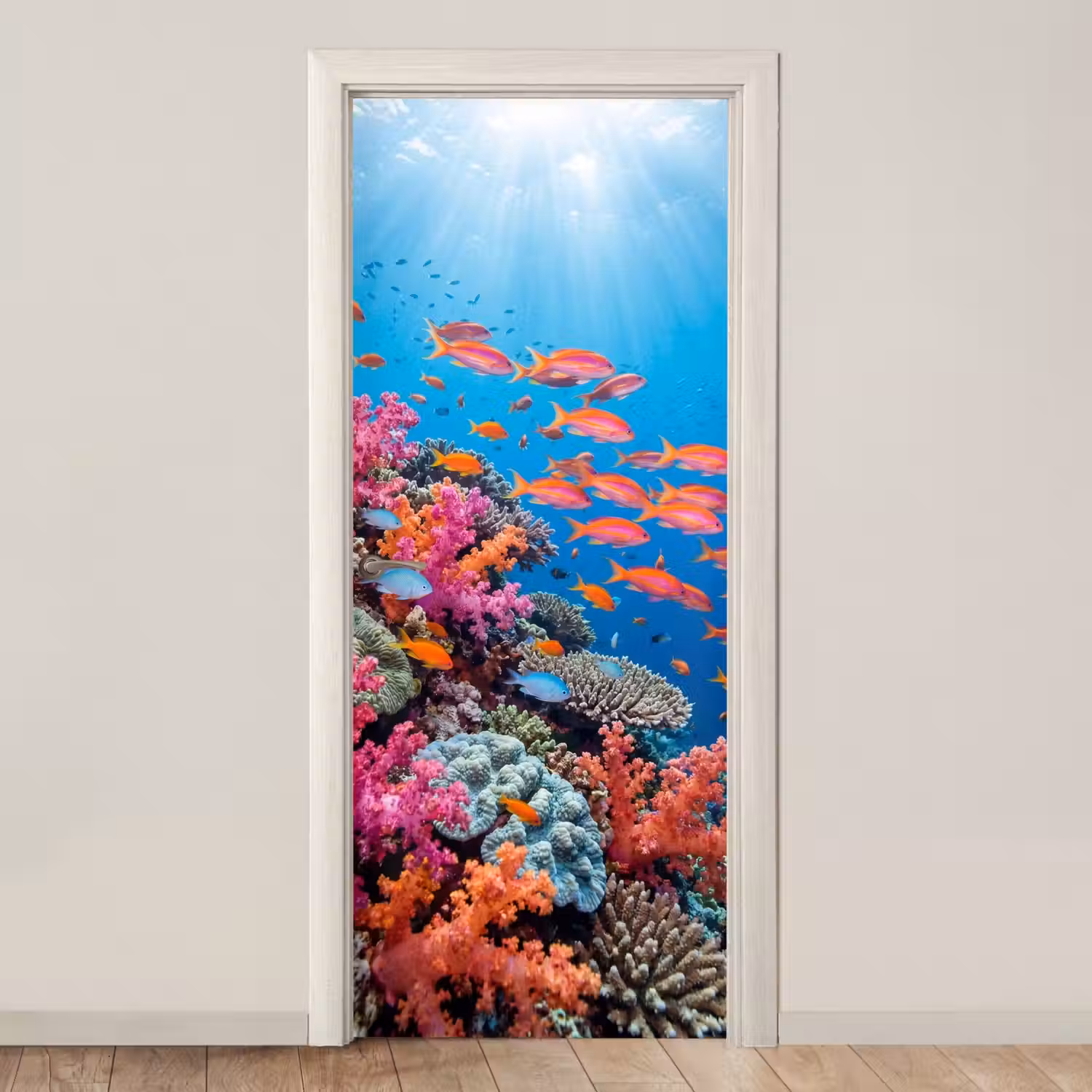 Onderwater - Koraalrif - Vissen - Oceaan - Natuur deurposter klein -3d_beige