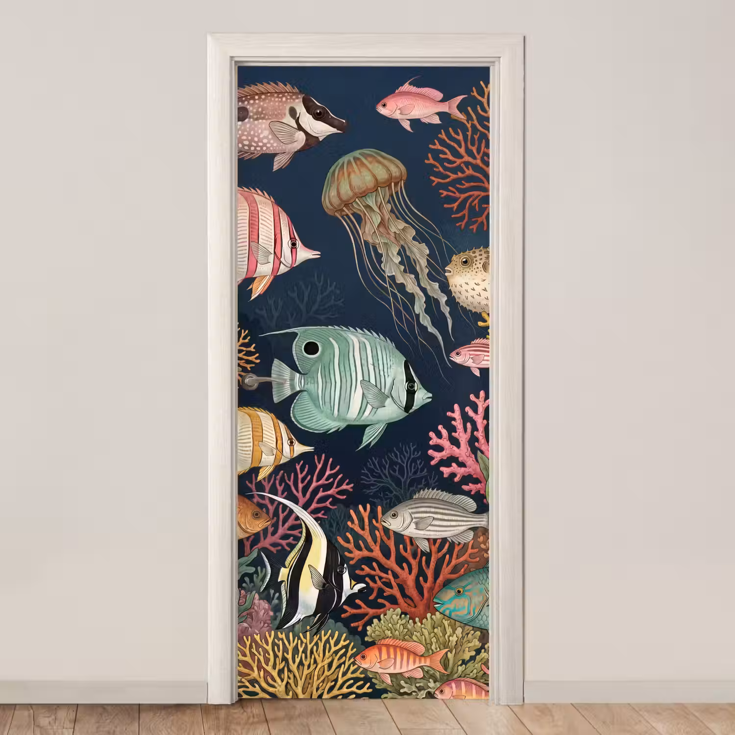 Onderwaterwereld - Vissen - Koraal - Illustratie - Kleurrijk deurposter klein -3d_beige