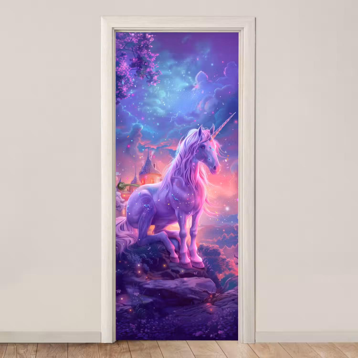 Eenhoorn - Fantasy - Kasteel - Meisje - Paars - Roze deurposter klein -3d_beige