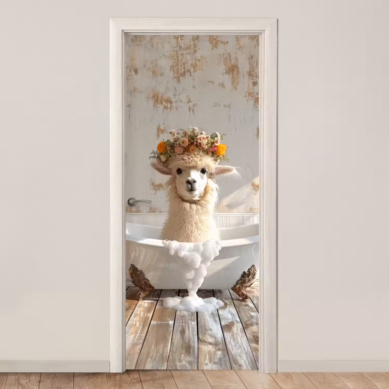 Vintage - Alpaca - Badkuip - Bloemen - Dieren deurposter klein -3d_beige