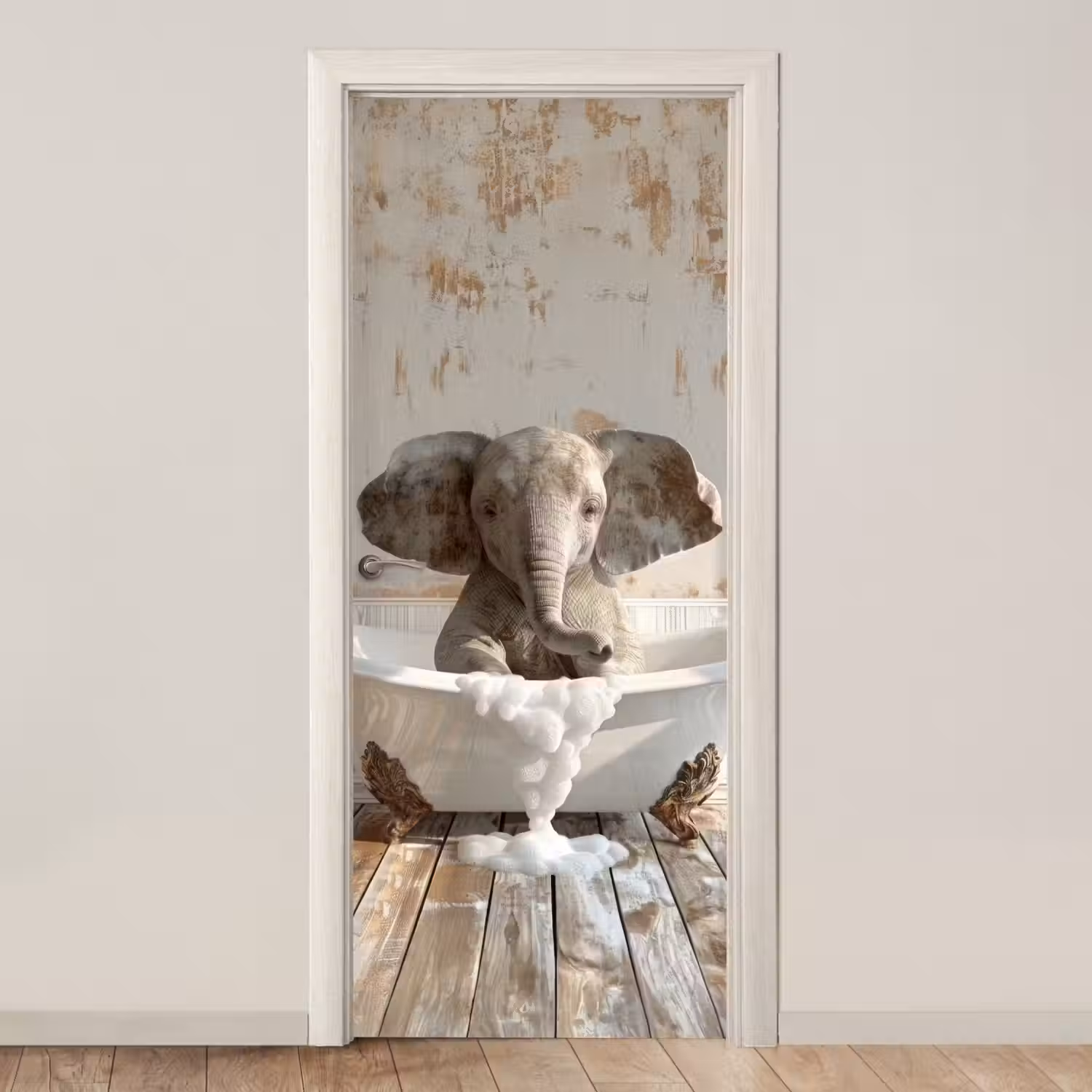 Vintage - Olifant - Badkuip - Schuim - Wilde dieren deurposter klein -3d_beige