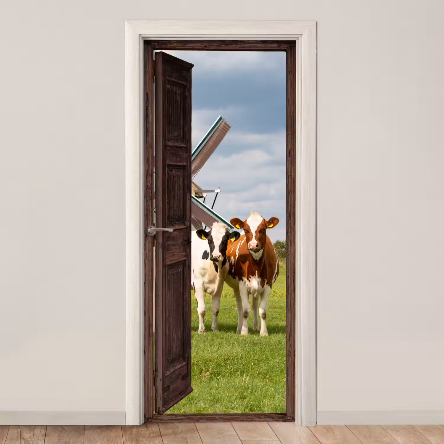 Doorkijk - Koeien - Dieren - Weiland - Natuur deurposter klein -3d_beige