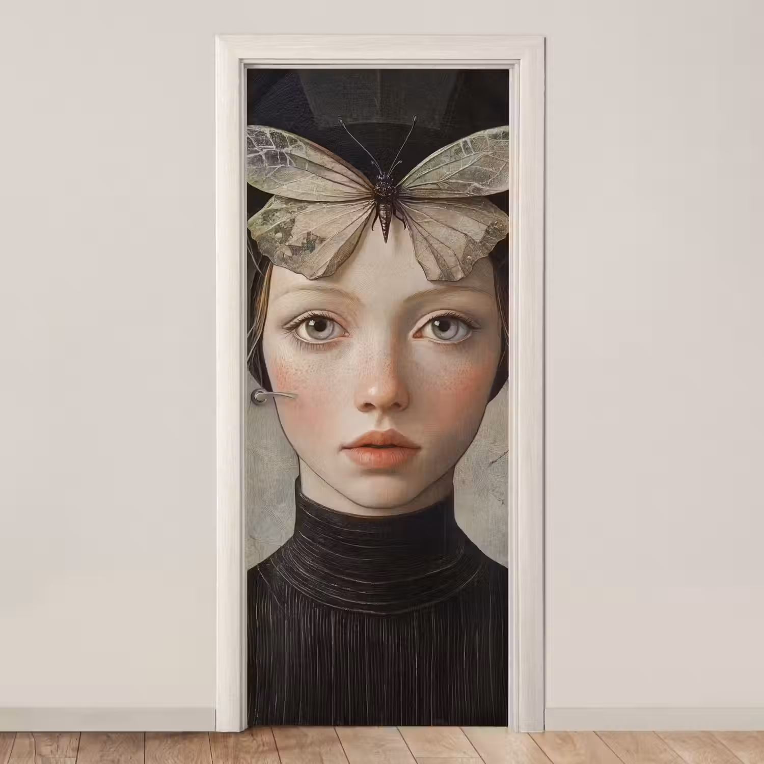 Woman - Butterfly - Art - Classic - Muted deurposter klein -3d_beige