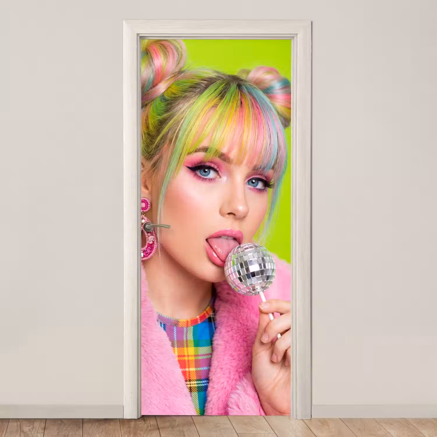 Vrouw - Kleurrijk haar - Pop art - Modern - Levendig deurposter klein -3d_beige