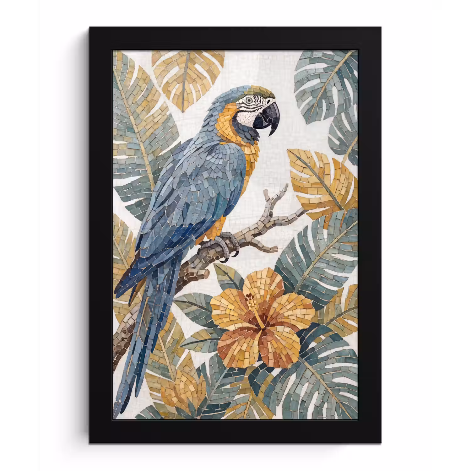 Vogel - Tak - Natuur - Mozaïek - Blauw fotolijst zwart zonder passe partout klein -3d