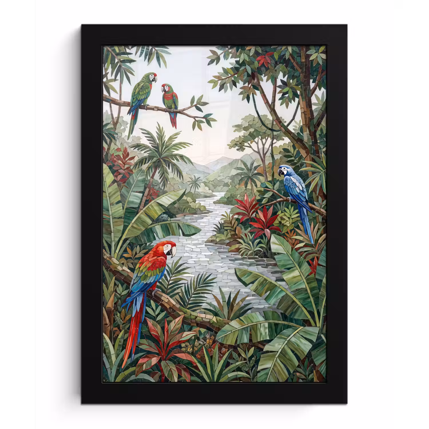 Vogel - Jungle - Natuur - Mozaïek - Groen fotolijst zwart zonder passe partout klein -3d