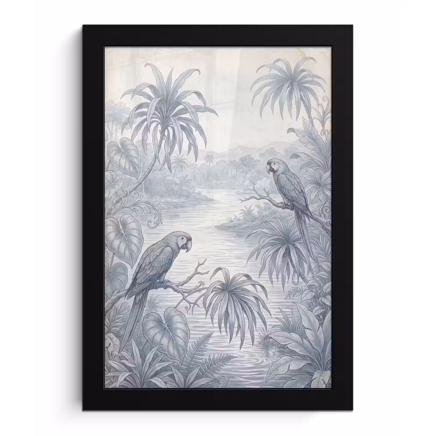 Vogel - Rivier - Tropisch - Illustratie - Blauw fotolijst zwart zonder passe partout klein -3d