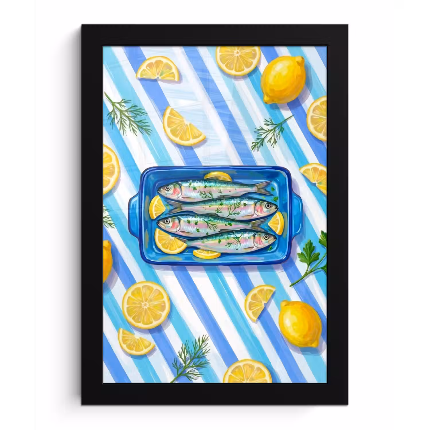 Vis - Citroen - Kruiden - Eten - Blauw fotolijst zwart zonder passe partout klein -3d